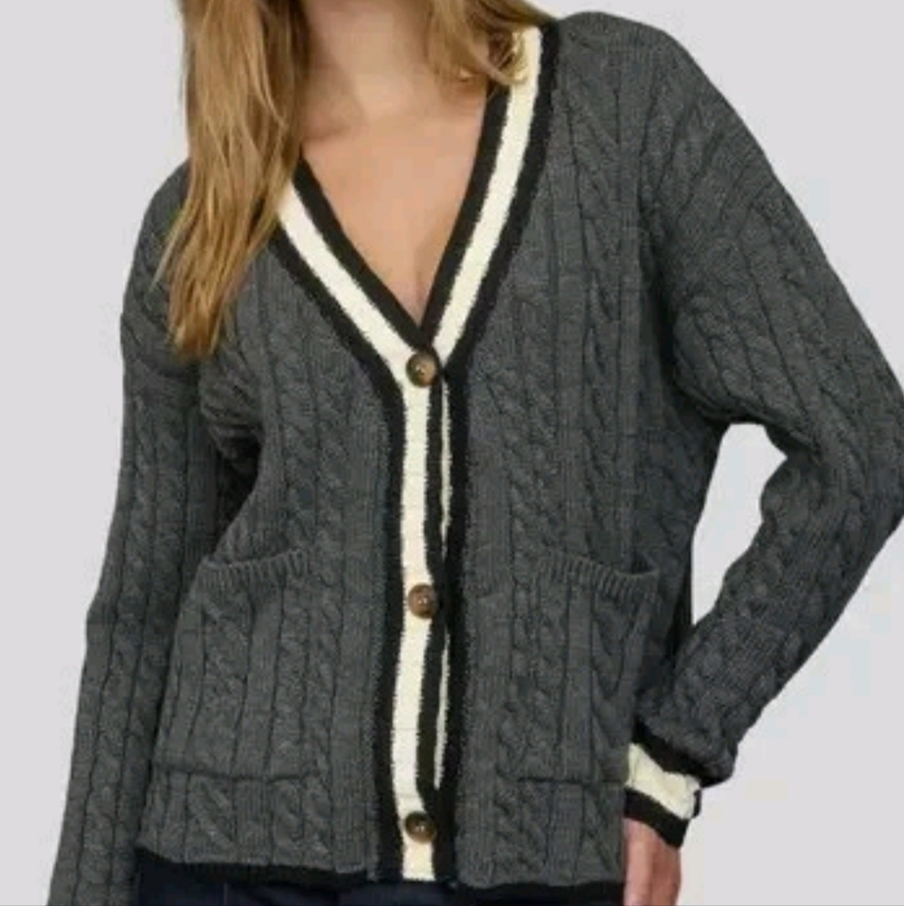 Zara Cable Knit Gray Marl Cardigan Pipped Seams Size S Womens Blogger's Favorite